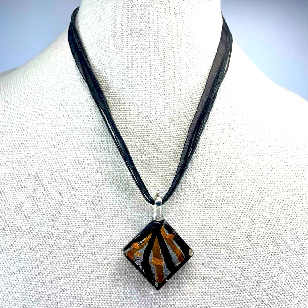 Cute Vintage Dichroic Glass Brown Silver Black Pendant Corded Ribbon Necklace